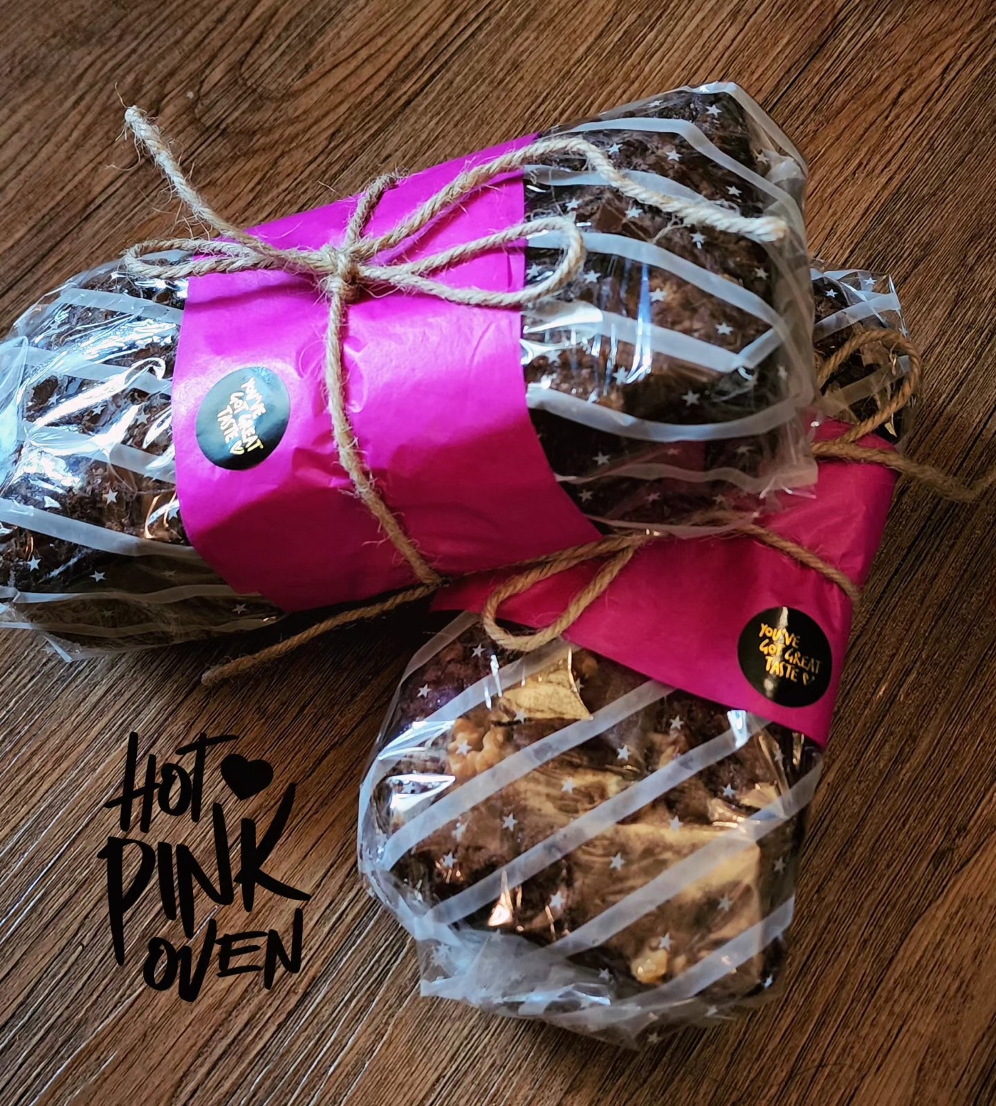 Loaves wrapped in pink tissue and twine